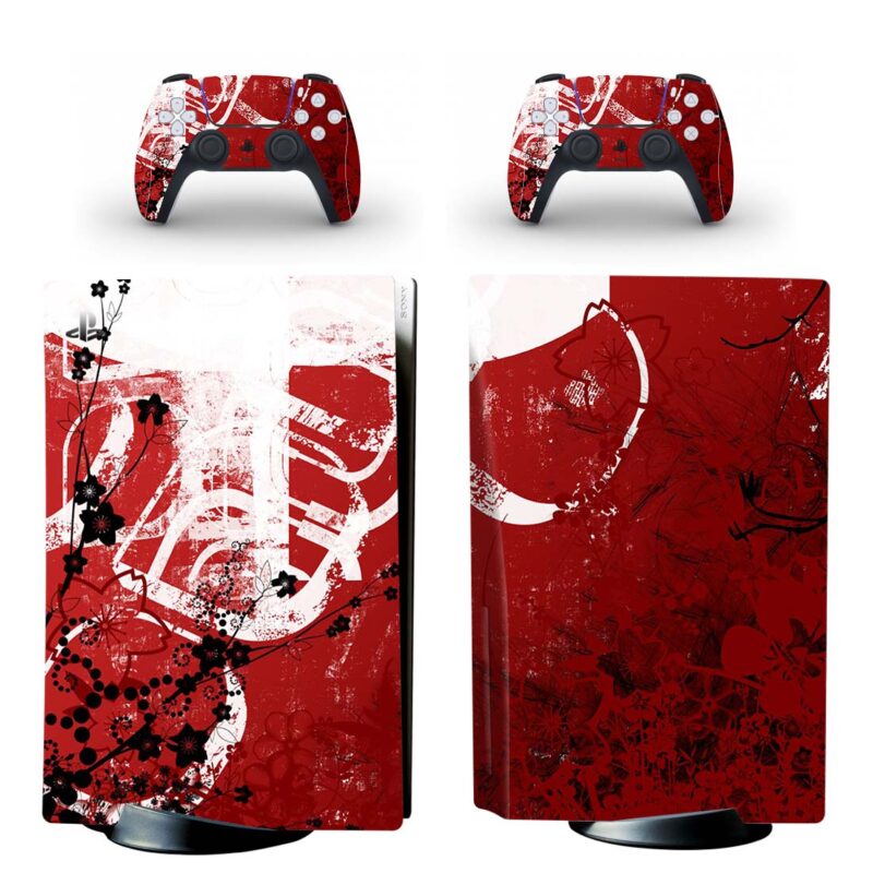 Red And Black Floral Grunge Pattern PS5 Skin Sticker Decal