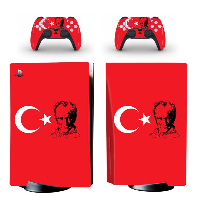 Mustafa Kemal Ataturk And His Signature On Turkey Flag PS5 Skin Sticker Decal