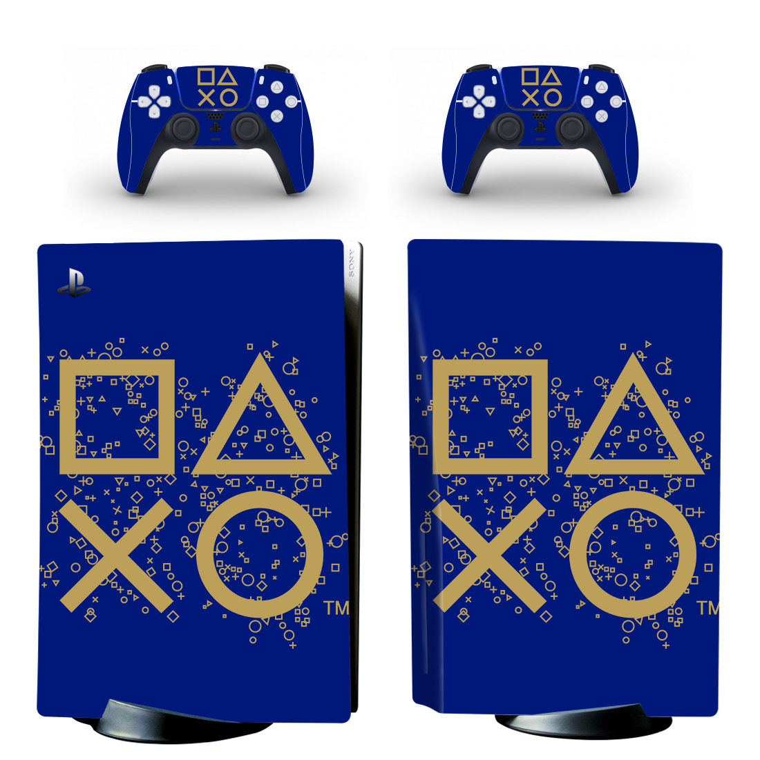 Golden Playstation Symbols On Blue PS5 Skin Sticker And Controllers