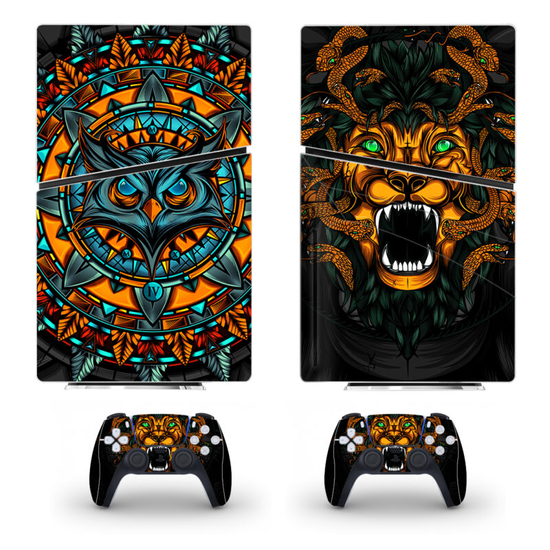 Animated Medusa Lion And Trippy Owl Art Skin Sticker For PS5 Slim