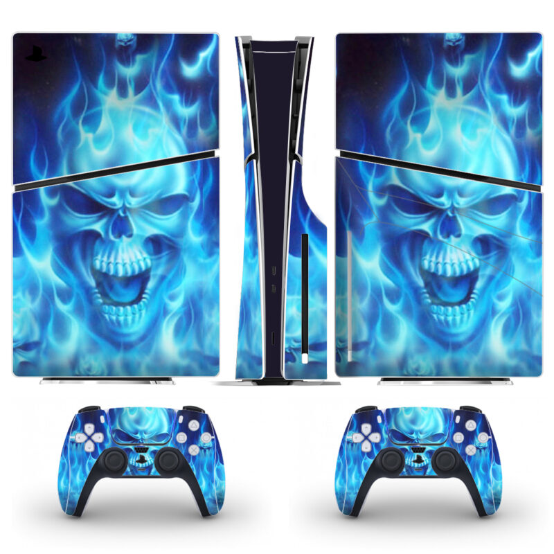 Skull With Blue Flame Skin Sticker For PS5 Slim