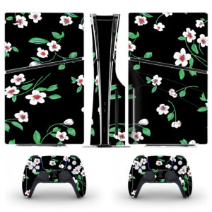 Pink Flowers On Black Texture Skin Sticker For PS5 Slim