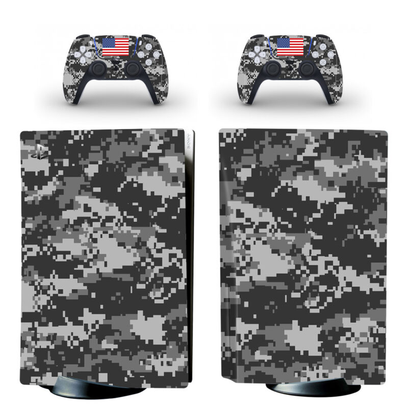 USA Flag On Gray Pixel Camouflage Pattern PS5 Skin Sticker Decal