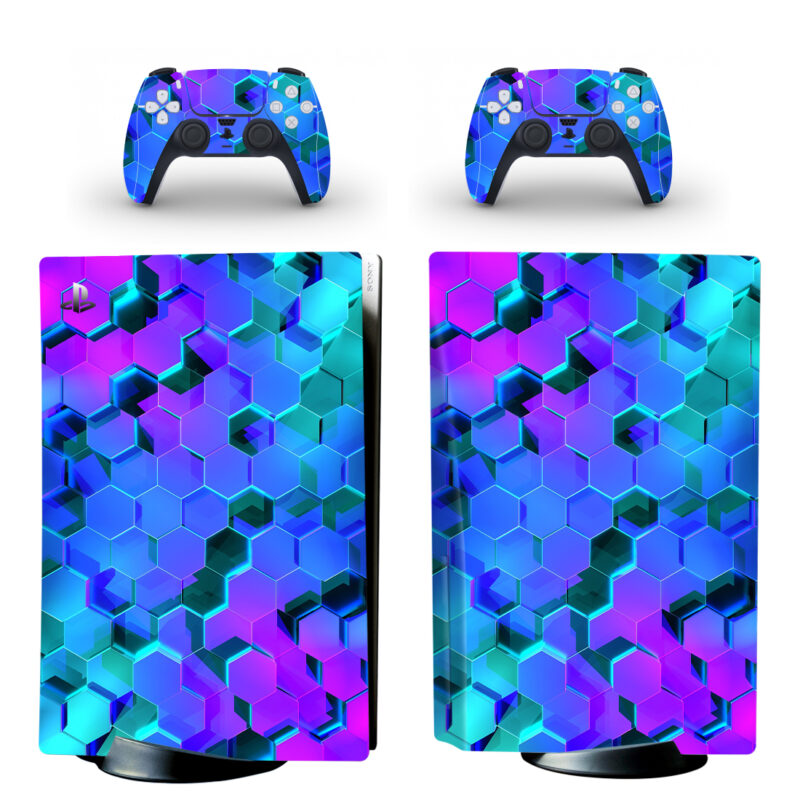 Vibrant UV Blue And Purple Hexagon PS5 Skin Sticker Decal