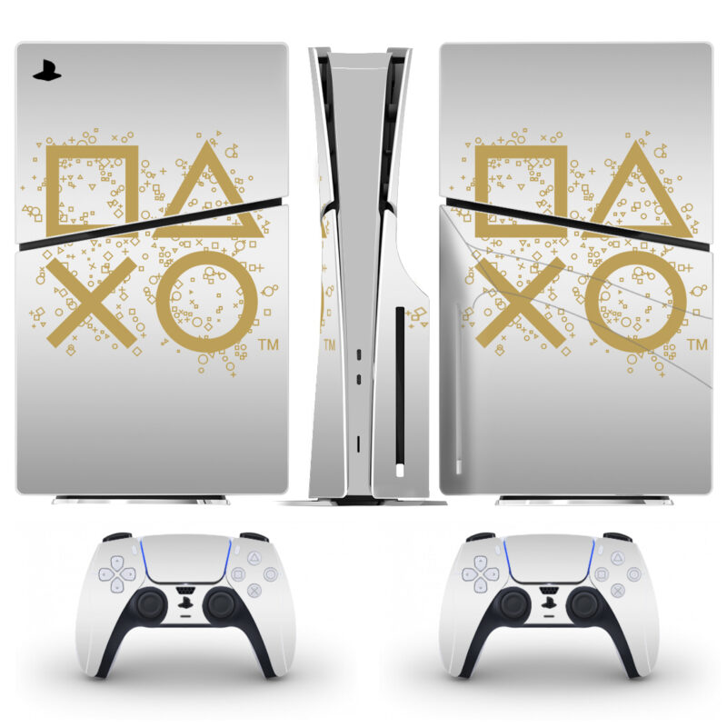 Golden Playstation Symbols On White PS5 Skin Sticker Decal