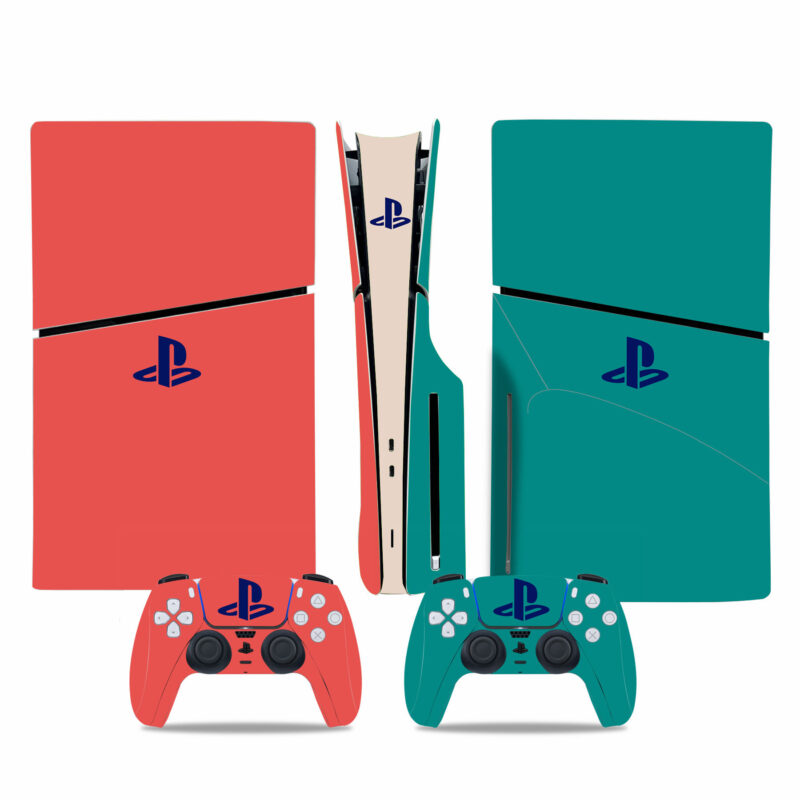 PlayStation Symbol Pastel Red And Sea Green Color Skin Sticker For PS5 Slim