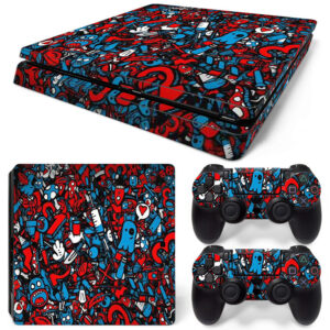 Dark Red And Blue Cartoon Collage Art PS4 Slim Skin Sticker Cover