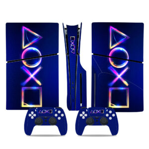 Neon Playstation Button On Blue PS5 Slim Skin Sticker Cover
