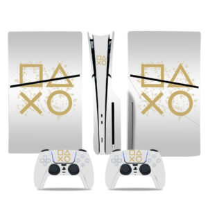 Gold Playstation Symbol On White PS5 Slim Skin Sticker Cover