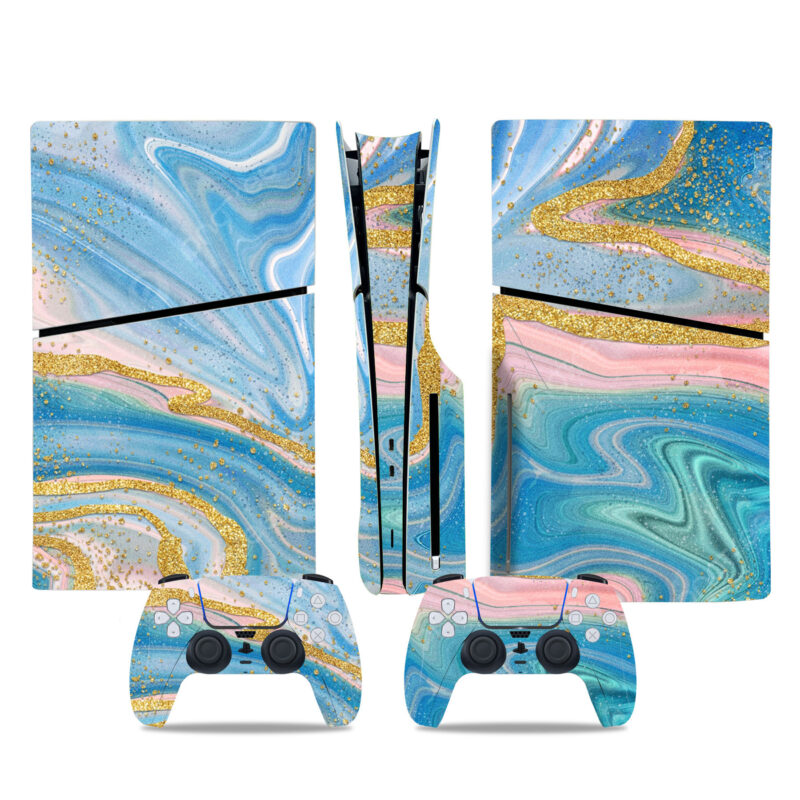 Blue Marble With Gold PS5 Slim Skin Sticker Cover