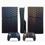 Abstract Black Hexagon On Blue And Gold PS5 Slim Skin Sticker Cover