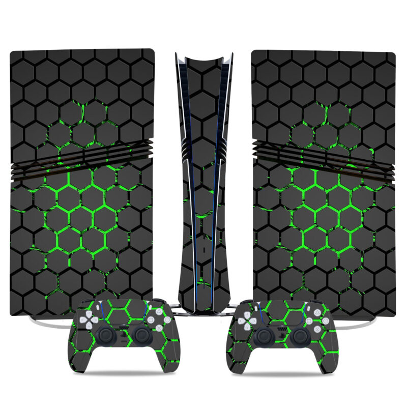 Custom PS5 Pro Skin Sticker - Green Hexagonal Design For Console & Controllers - Durable, Stylish, And Scratch-Resistant Protection