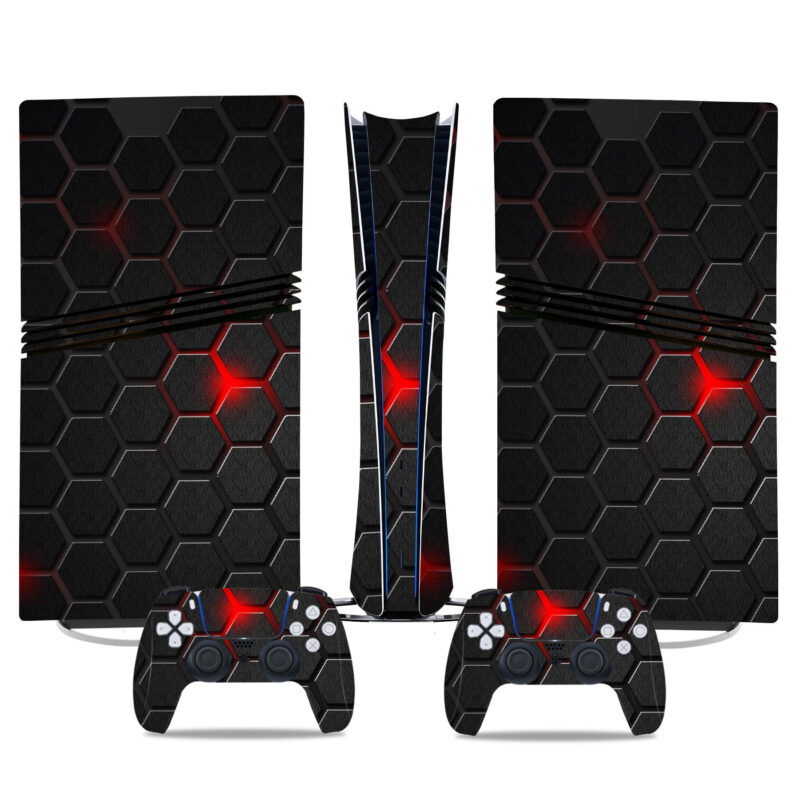 Futuristic Hexagon Design PS5 Pro Skin Sticker – Sleek Black And Red Console & Controller Wrap