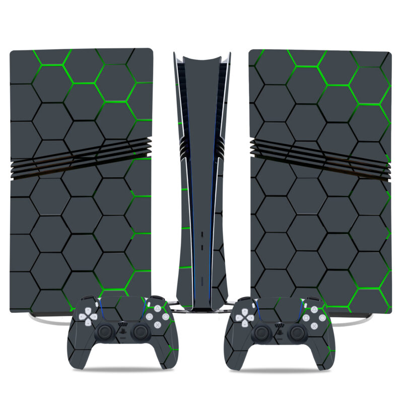 Custom Hexagon Pattern PS5 Pro Skin Sticker - Sleek Green & Black Design For Console And Controllers