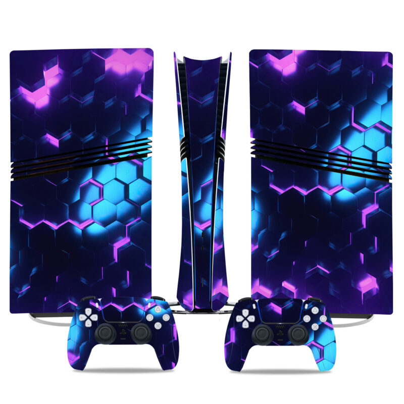 Vibrant Blue And Purple Hexagon PS5 Pro Skin Sticker - Stylish Console & Controller Wrap For Gamers