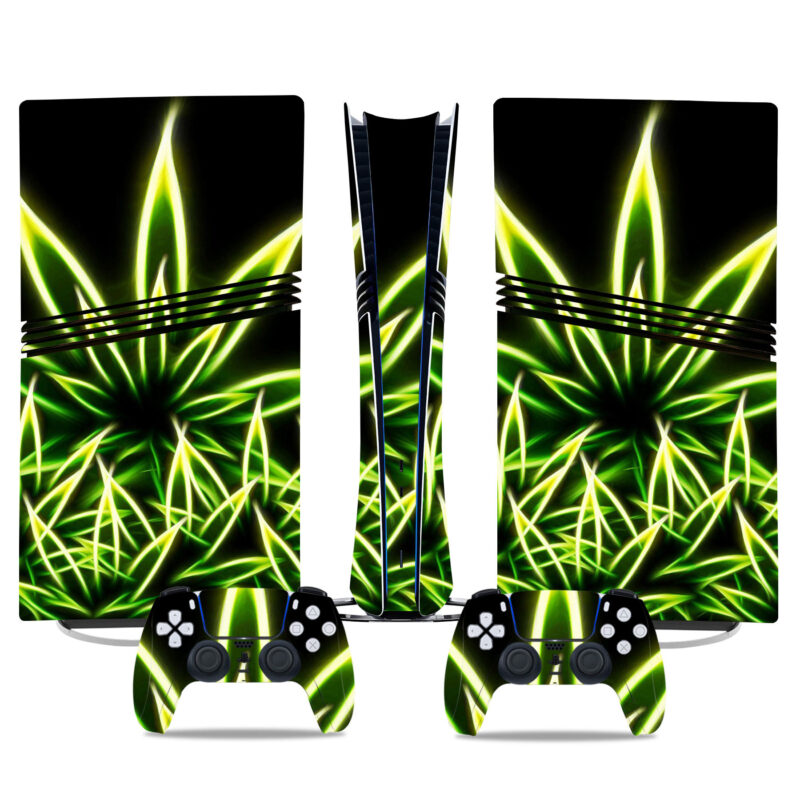 Glow-In-The-Dark PS5 Pro Skin Sticker – Neon Green Cannabis Leaf Design For PlayStation 5 Console And Controllers Wrap