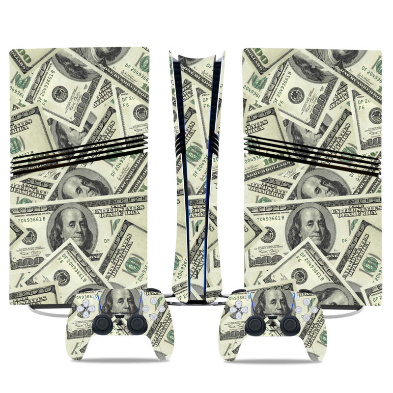 Money-Themed PS5 Pro Skin Sticker – Realistic Dollar Bill Design For PlayStation 5 Console And Controller Custom Wrap