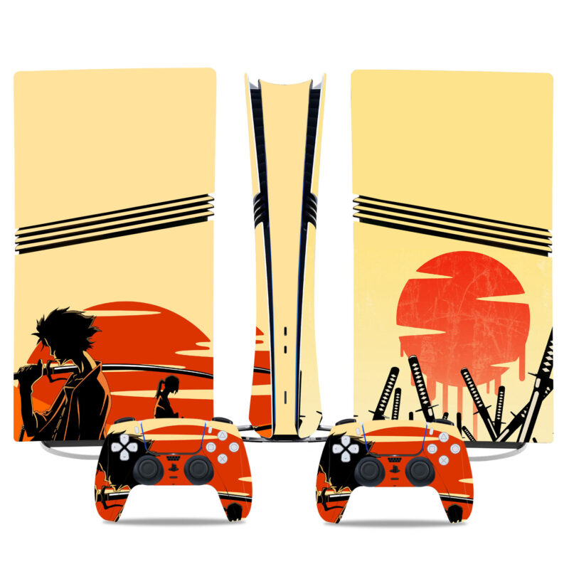 Samurai Anime PS5 Pro Skin Sticker - Stylish Red Sun & Sword Design Wrap For Console And Controllers