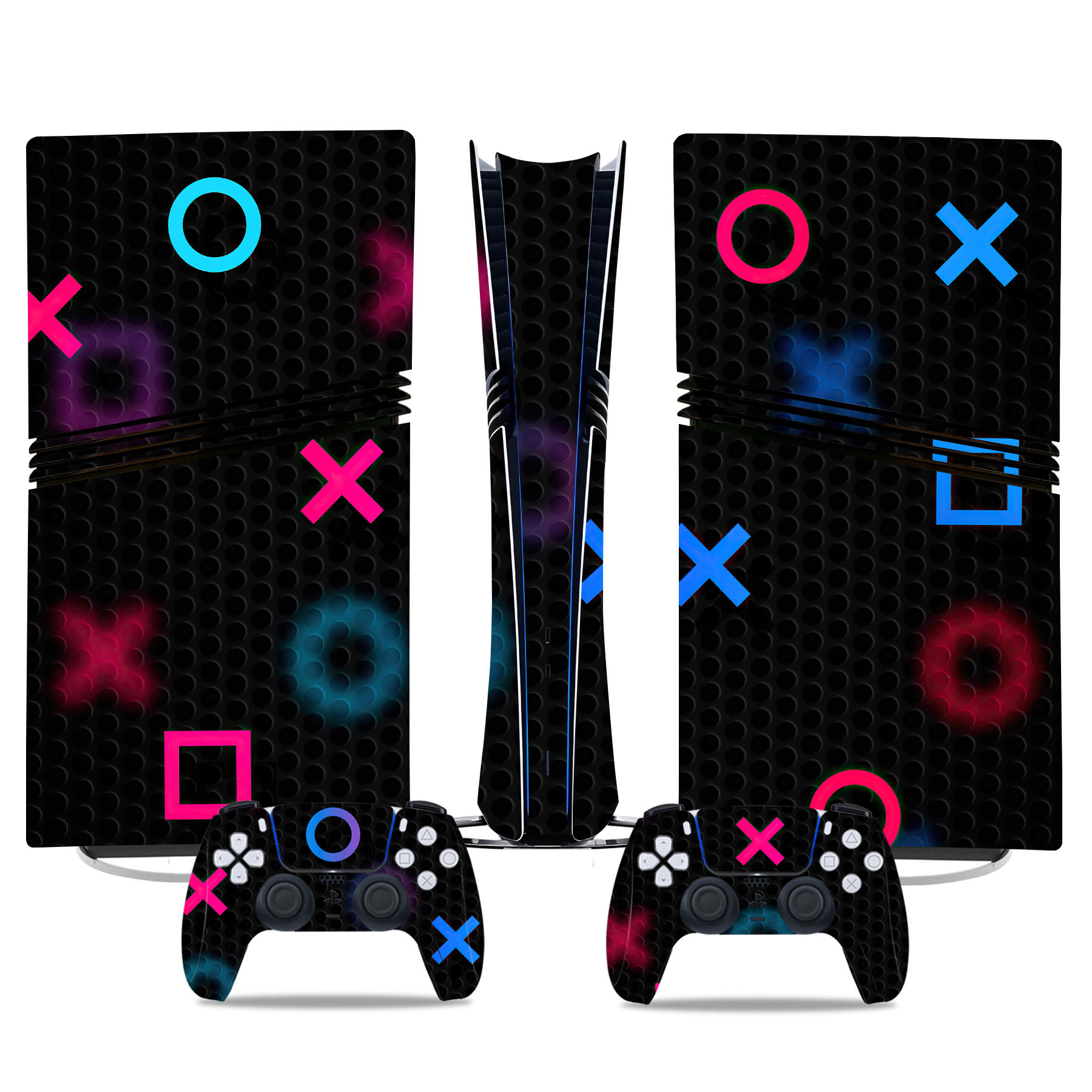Neon PlayStation Icons PS5 Pro Skin Sticker – Sleek Black Vinyl Wrap For Console And Controllers, Stylish Gaming Accessory - Image 2