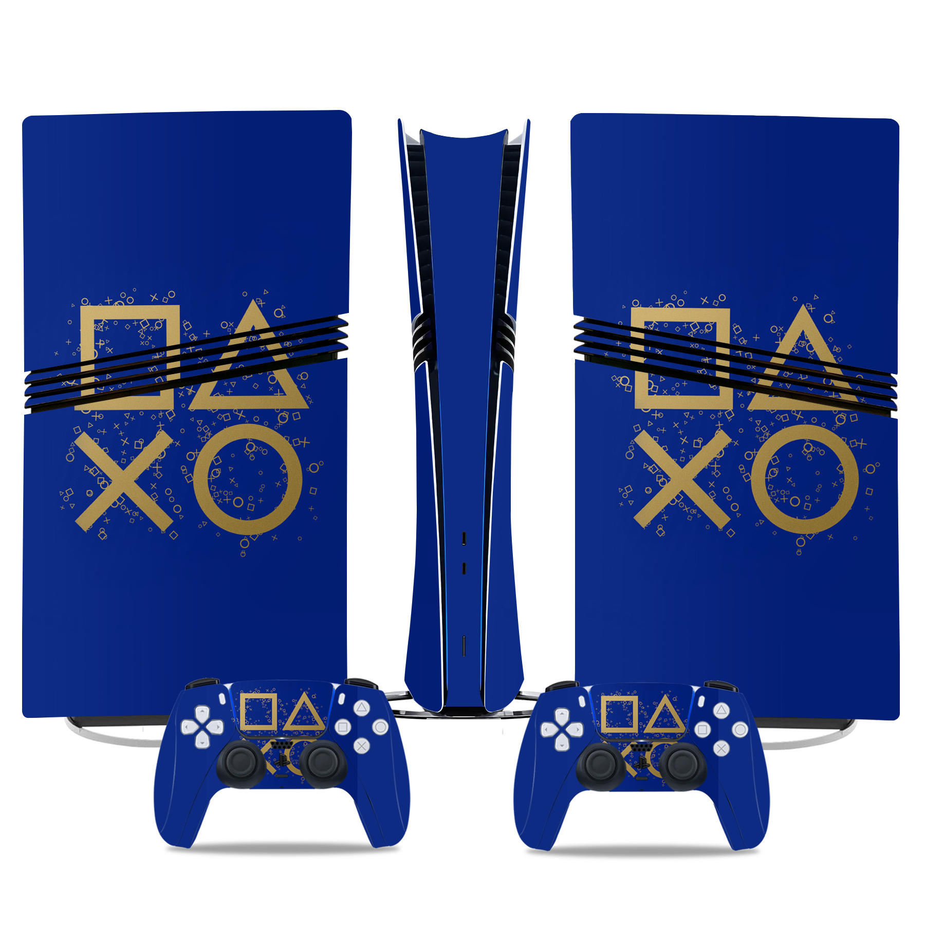 PS5 Pro Skin Sticker – Elegant Blue And Gold PlayStation Icons Design For Console And Controllers, Premium Protective Wrap - Image 2