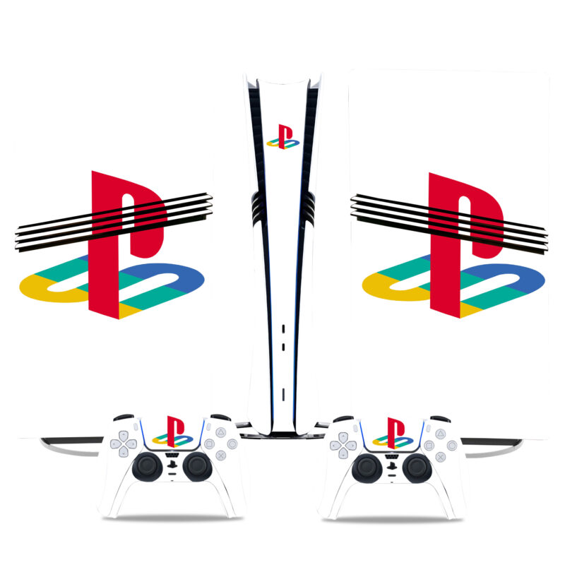 White PS5 Pro Skin Sticker With Retro PlayStation Logo - Durable Vinyl Wrap For Console And Controller Protection & Style