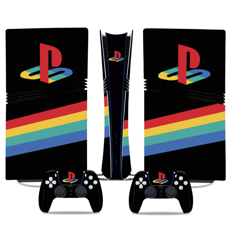 Retro-Inspired PS5 Pro Skin Sticker – Vibrant Rainbow Design With Iconic PlayStation Logo For Console And Controller Customization