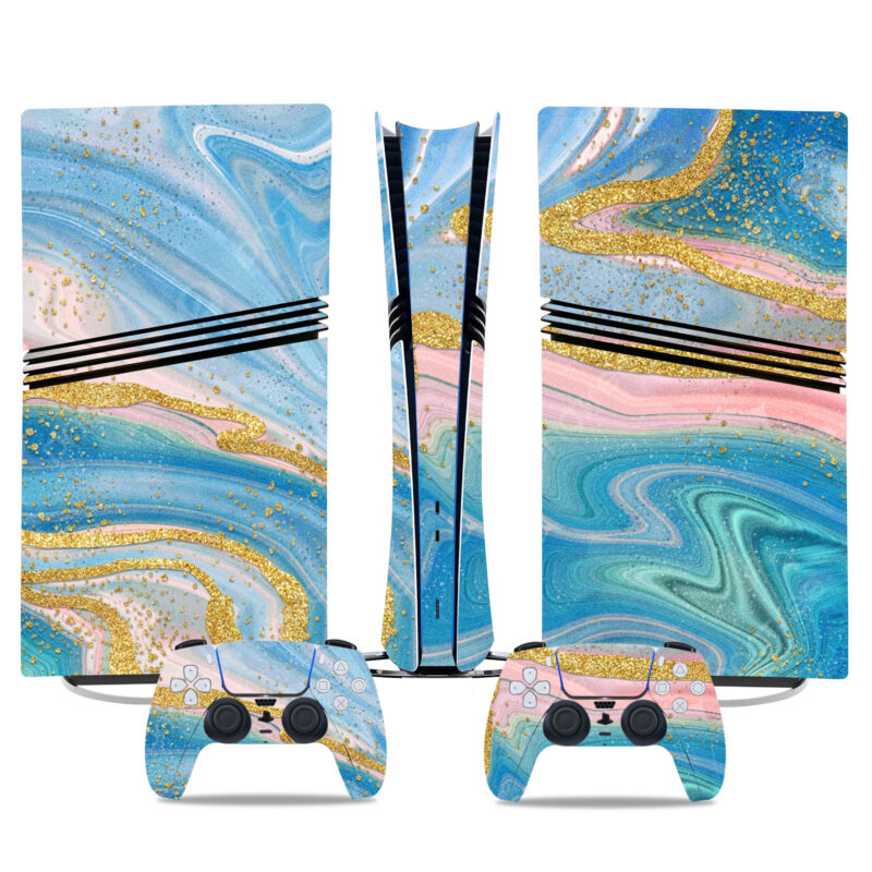 Elegant PS5 Pro Skin Sticker – Blue And Gold Glitter Marble Design For Console And Controller Personalization