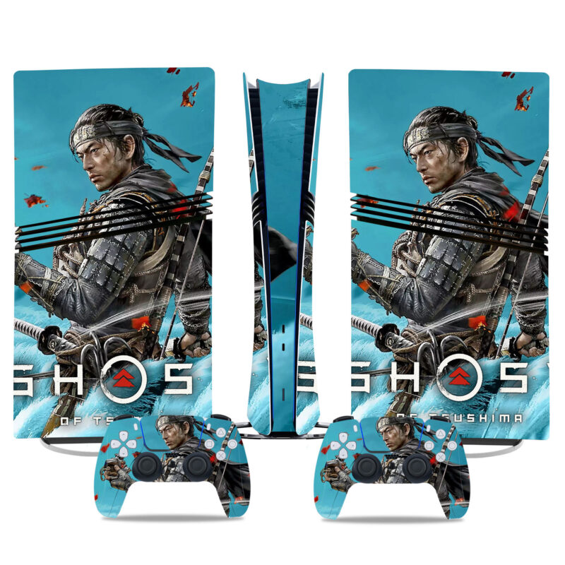 Ghost Of Tsushima PS5 Pro Skin – Epic Samurai Artwork On Console And Controller Wrap With Striking Blue Background Design