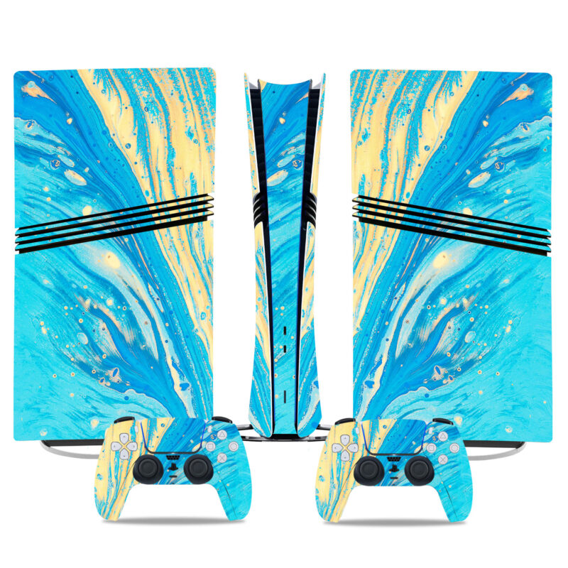 Stylish PS5 Pro Skin Sticker – Blue And Gold Swirl Design For Console And DualSense Controllers – Unique PlayStation Wrap - Image 3