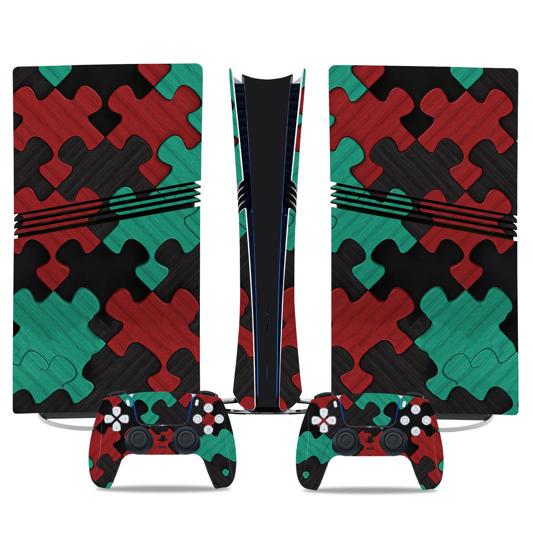 PS5 Pro Skin Sticker - Unique Red & Green Puzzle Design with Matching Controller Decals For Stylish Gaming Protection - Image 3