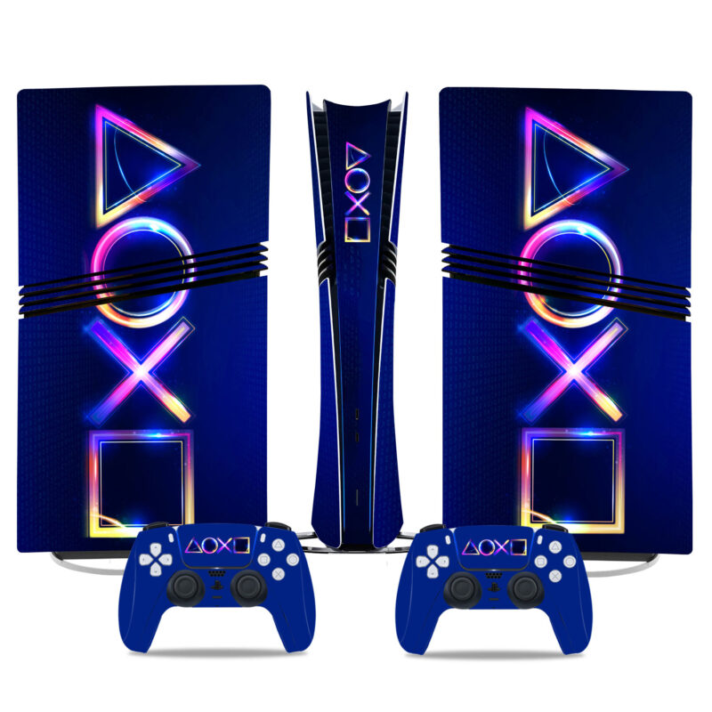 Neon PlayStation Symbols PS5 Pro Skin Sticker - Vibrant Console & Controller Wrap For A Bold Gaming Setup Design