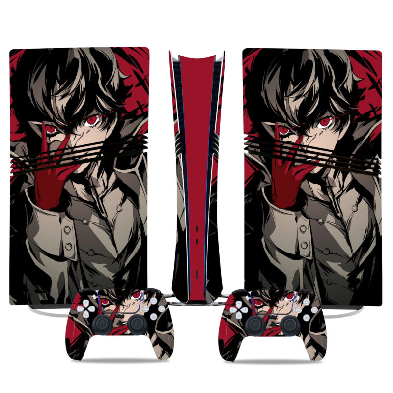 Stylish Persona-Inspired PS5 Pro Skin Sticker With Matching Controller Decals – Red & Black Gaming Console Design