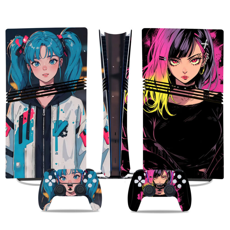 Vibrant Cyberpunk Anime PS5 Pro Skin Sticker – Stylish Console & Controller Wrap