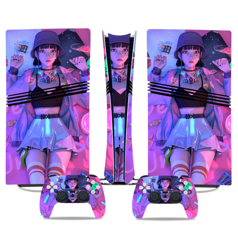 Cyberpunk Neon Girl PS5 Pro Skin Sticker – Stunning Console & Controller Wrap Design