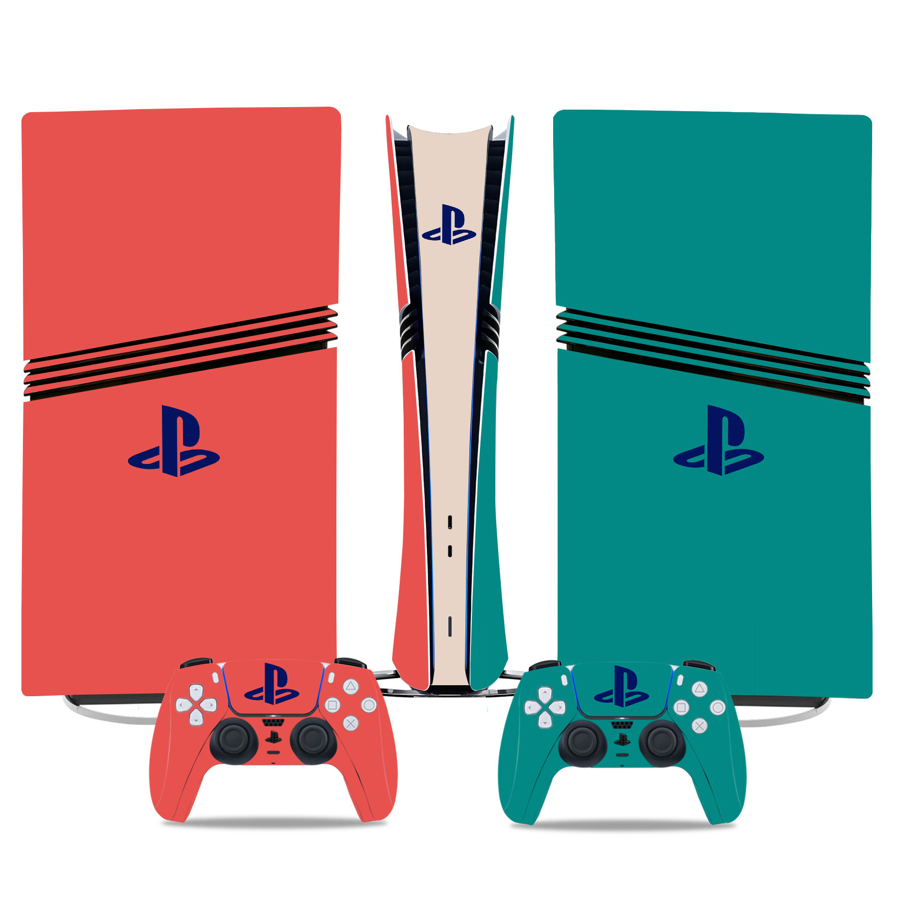 Red and Teal Dual-Tone PS5 Pro Skin Sticker – Elegant Console & Controller Wrap - Image 3