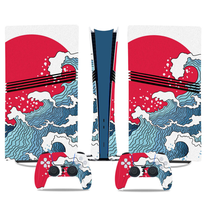 Red Sun Wave Design PS5 Pro Skin Sticker - Japanese Art Console And Controller Wrap - Image 2