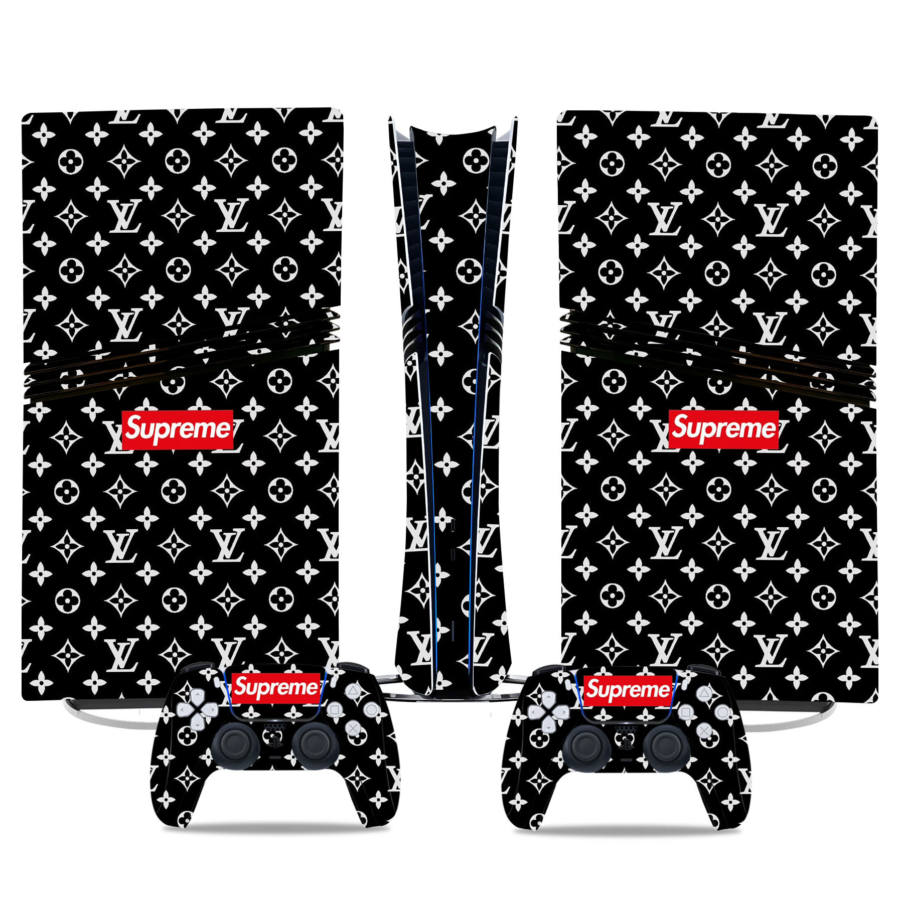 Supreme x LV-Inspired Black & White PS5 Pro Skin Sticker Set – Stylish Console & Controller Protection - Image 3