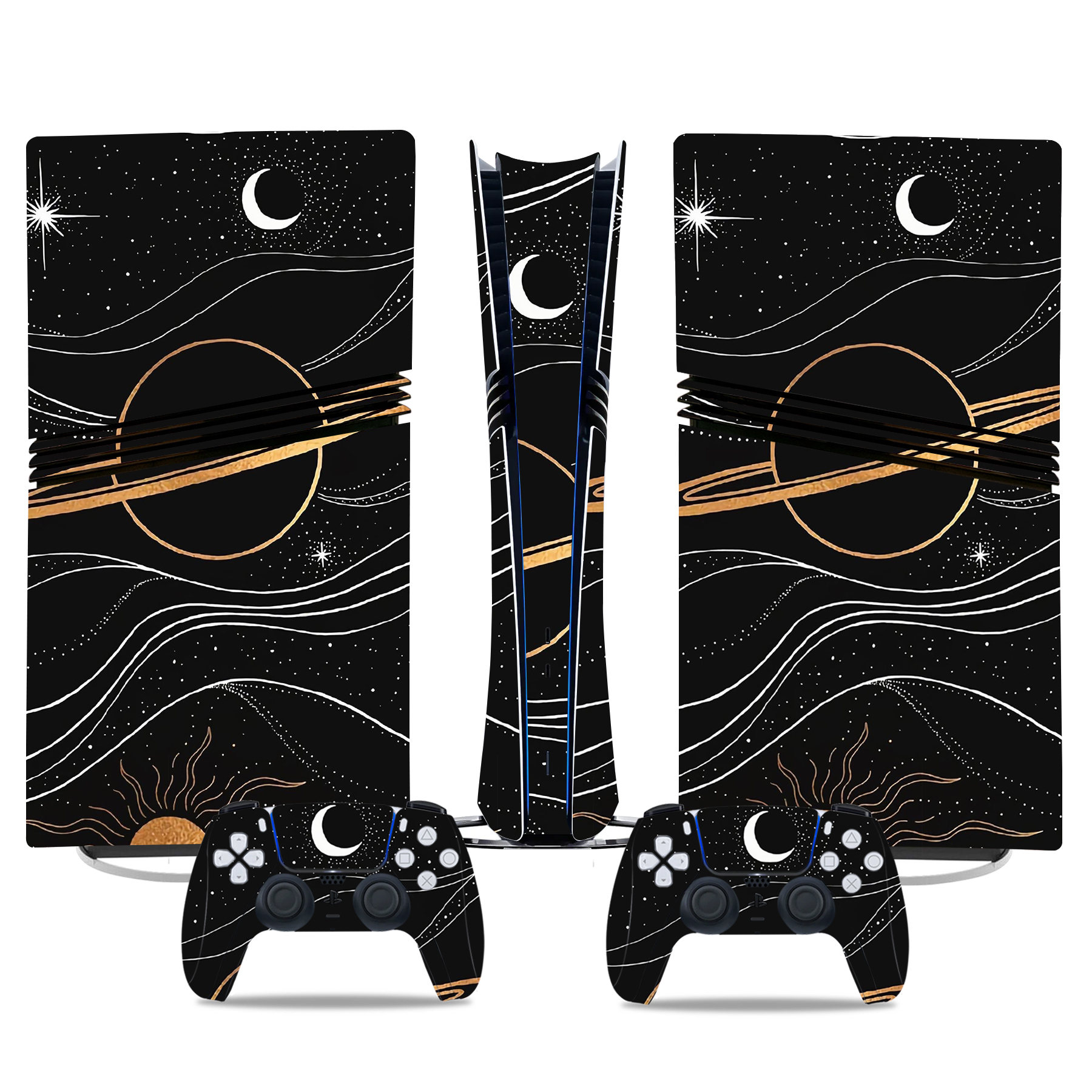 Stunning Cosmic Moon & Star PS5 Pro Skin Sticker – Elegant Black & Gold Design For Console And Controller - Image 3