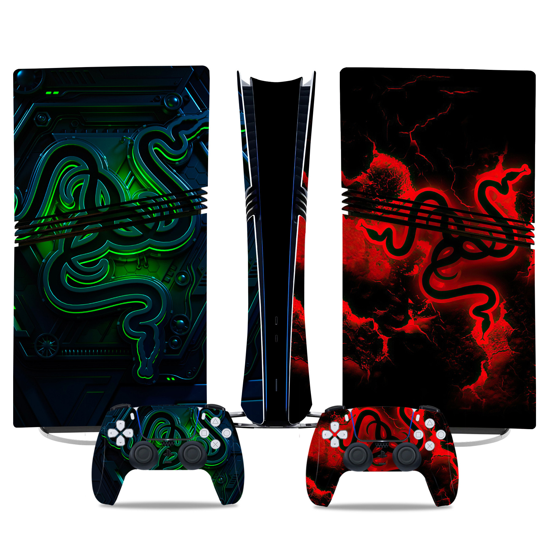Custom PS5 Pro Skin Stickers - Neon Green And Red Gaming Console And Controller Designs - Image 2