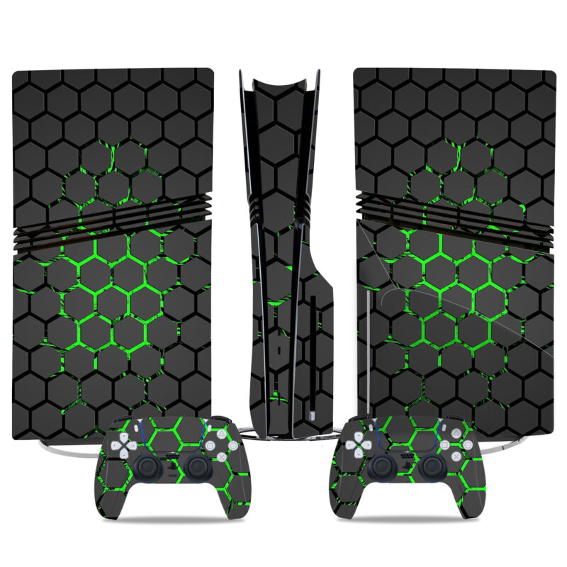 Custom PS5 Pro Skin Sticker - Green Hexagonal Design For Console & Controllers - Durable, Stylish, And Scratch-Resistant Protection