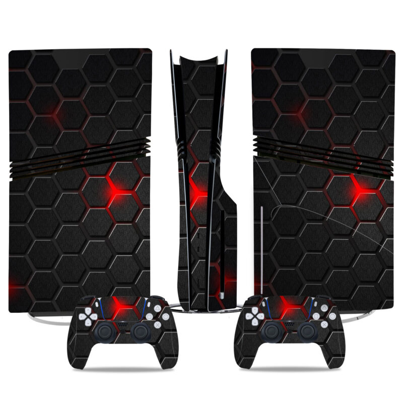 Futuristic Hexagon Design PS5 Pro Skin Sticker – Sleek Black And Red Console & Controller Wrap