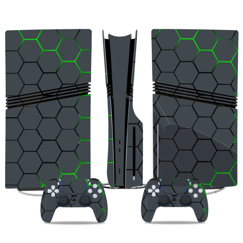 Custom Hexagon Pattern PS5 Pro Skin Sticker - Sleek Green & Black Design For Console And Controllers