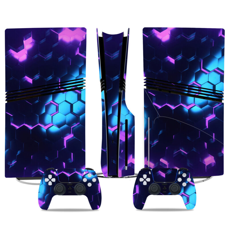 Vibrant Blue And Purple Hexagon PS5 Pro Skin Sticker - Stylish Console & Controller Wrap For Gamers