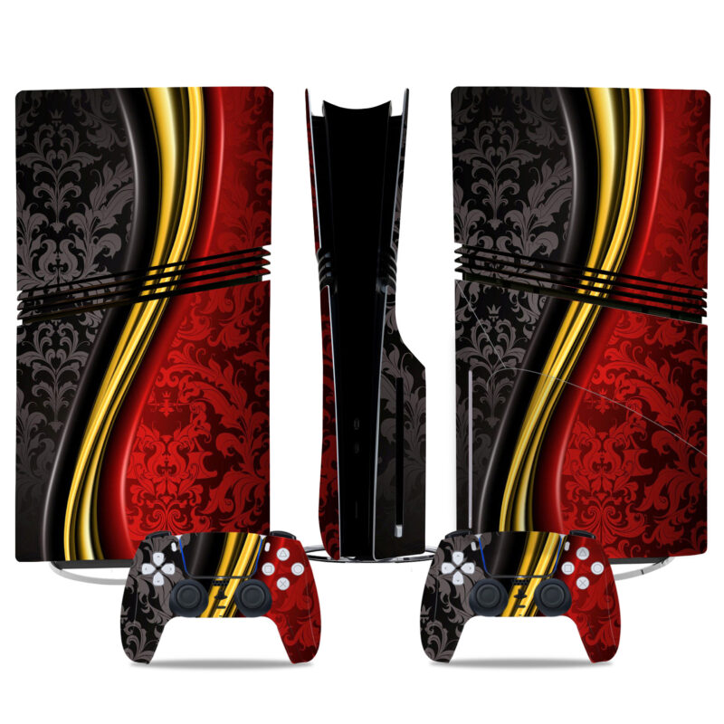 Elegant Red & Gold PS5 Pro Skin Sticker – Luxury Console & Controller Wrap With Damask Design