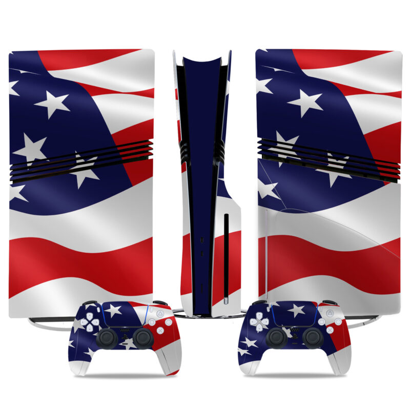 Vibrant American Flag PS5 Pro Skin Sticker – Patriotic Console & Controller Wrap Design