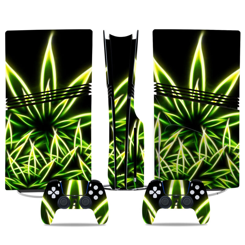 Glow-In-The-Dark PS5 Pro Skin Sticker – Neon Green Cannabis Leaf Design For PlayStation 5 Console And Controllers Wrap