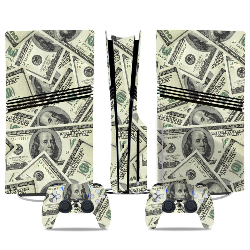 Money-Themed PS5 Pro Skin Sticker – Realistic Dollar Bill Design For PlayStation 5 Console And Controller Custom Wrap