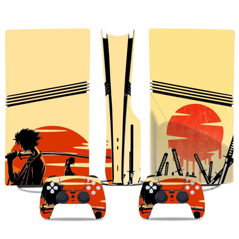 Samurai Anime PS5 Pro Skin Sticker - Stylish Red Sun & Sword Design Wrap For Console And Controllers