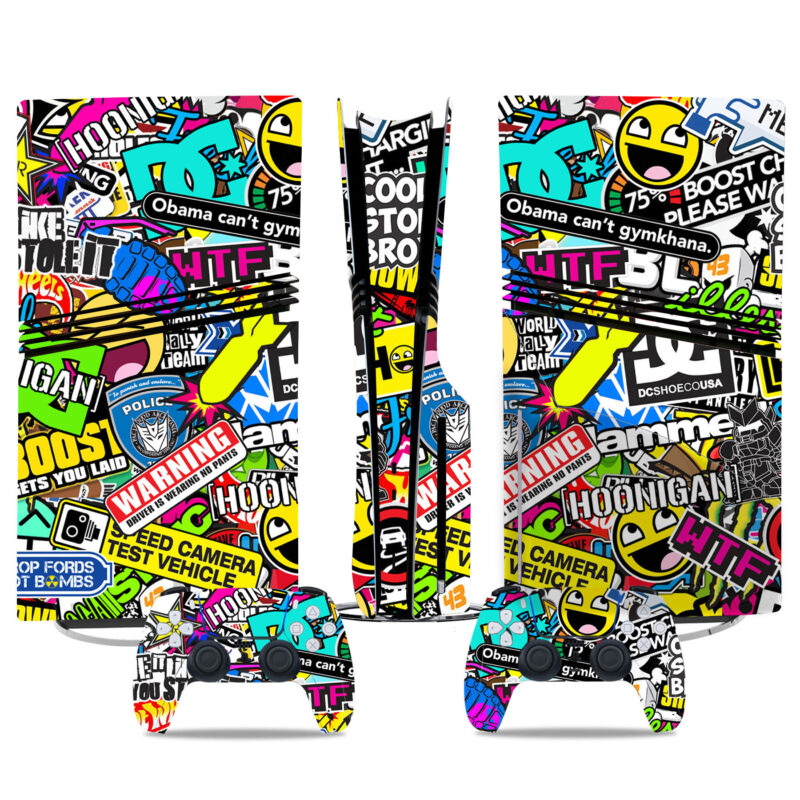 Bold Sticker Bomb PS5 Pro Skin – Vibrant Vinyl Wrap For Console & Controllers – Eye-Catching Gaming Accessory With Graffiti Style