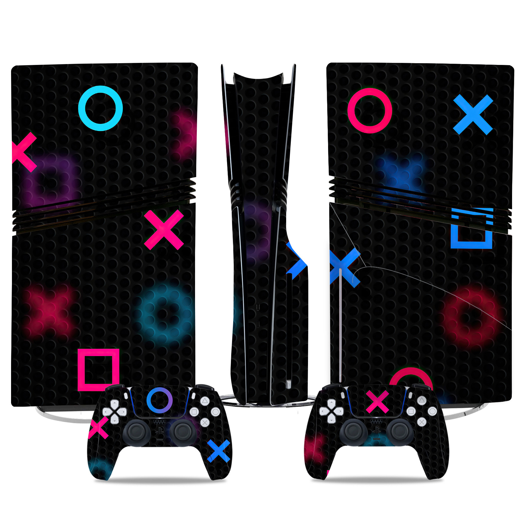 Neon PlayStation Icons PS5 Pro Skin Sticker – Sleek Black Vinyl Wrap For Console And Controllers, Stylish Gaming Accessory